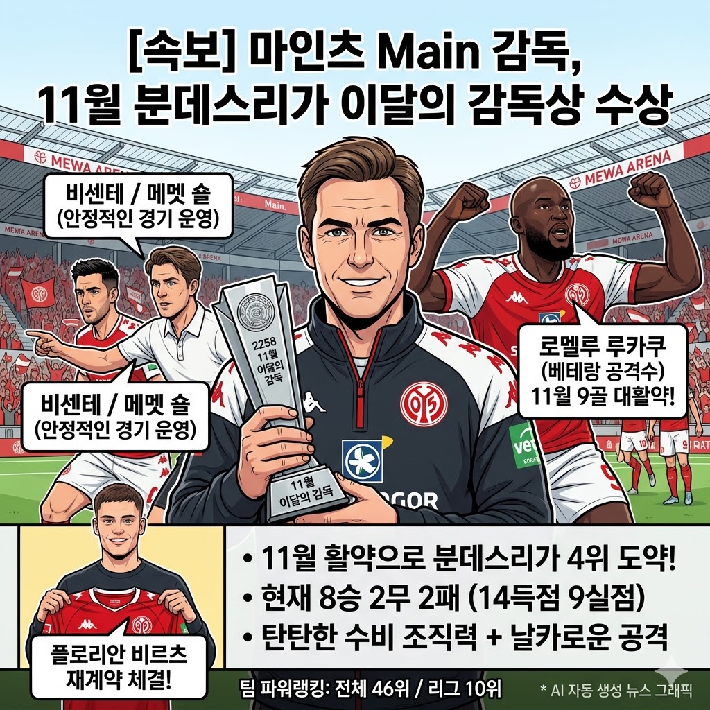 [돌풍] 마인츠 Main 감독, 11월 이달의 감독 등극!